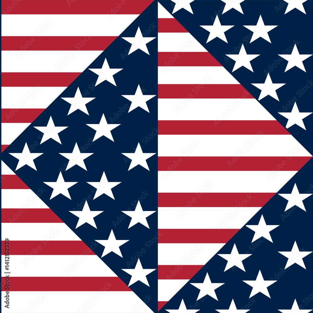 Fototapeta premium A geometric vector pattern featuring the American flag, with red and white stripes and white stars on a blue background, arranged in a diamond shape.