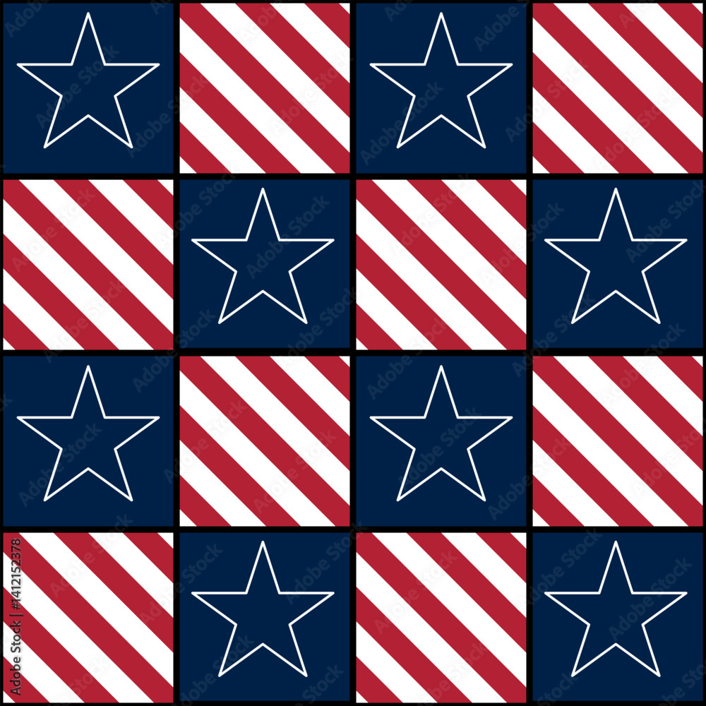 A repeating vector pattern featuring stars and stripes in red, white, and blue, reminiscent of patriotic themes. Ideal for backgrounds or textile designs.