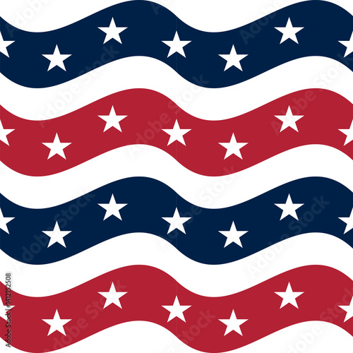 A repeating vector pattern of wavy stripes in red, white, and blue, featuring white stars on the blue stripes. The design evokes a patriotic theme, suitable for various festive occasions.