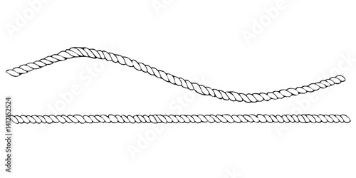 Rope, twine, jute , straight, wave and twisted with loops. Graphic line art hand drawn on the theme of sea and fishing in black and white ink. Set of elements isolated from the background EPS vector
