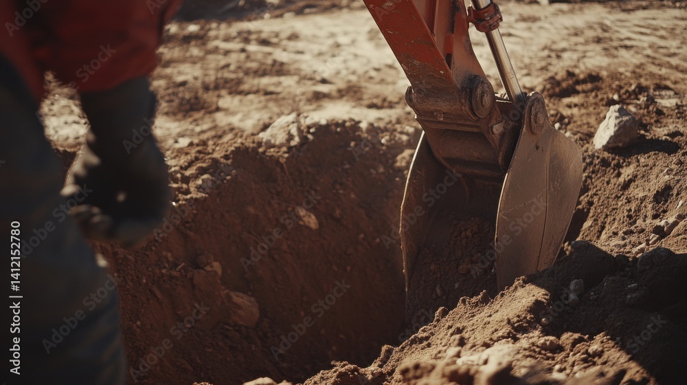 Fototapeta premium Excavation worker using a backhoe to dig a trench for utilities. Featuring heavy machinery and excavation skills