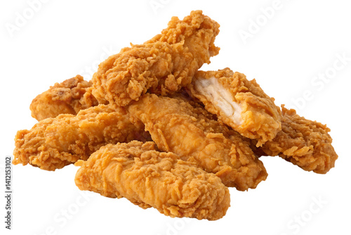 A tempting pile of golden-brown crispy chicken tenders, perfectly breaded and juicy, ready to satisfy any craving with a close-up, studio shot.