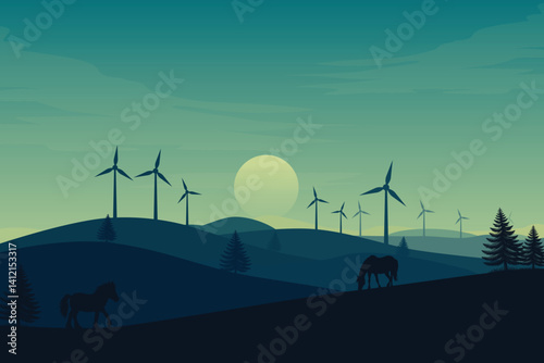 Wind Turbine Landscape at Sunset, Renewable Energy in Rolling Hills Illustration