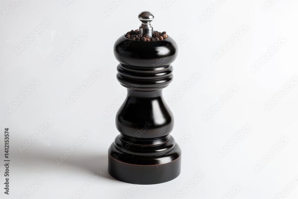 A striking black pepper mill resembling a chess piece adds flair to the dining table decor isolated on transparent background A striking black pepper mill resembling a chess piece adds flair to the dining table decor isolated on transparent background