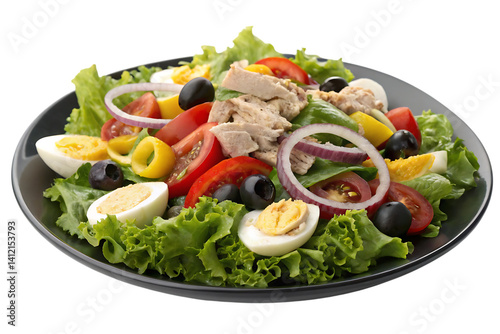 A vibrant Nicoise salad bursting with fresh tuna, crisp vegetables, and perfectly boiled eggs, served on a dark plate against a bright white background.