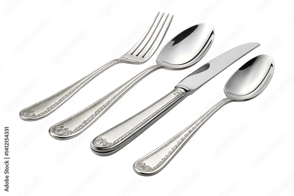 Elegant silverware set, showcasing ornate detailing and polished surfaces, perfect for a refined dining experience. Elegant silverware set, showcasing ornate detailing and polished surfaces, perfect for a refined dining experience.