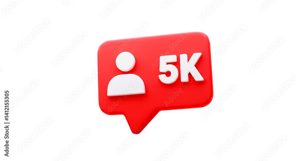 Red notification bubble with person icon and text indicating five thousand followers count display Red notification bubble with person icon and text indicating five thousand followers count display