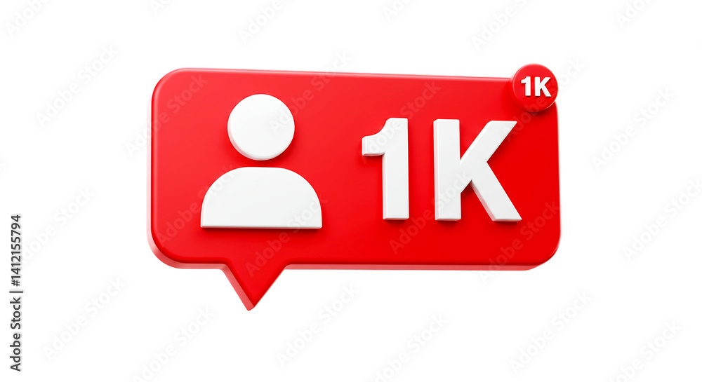 Fototapeta premium A red notification icon showing a person icon and the text 1k indicating one thousand followers