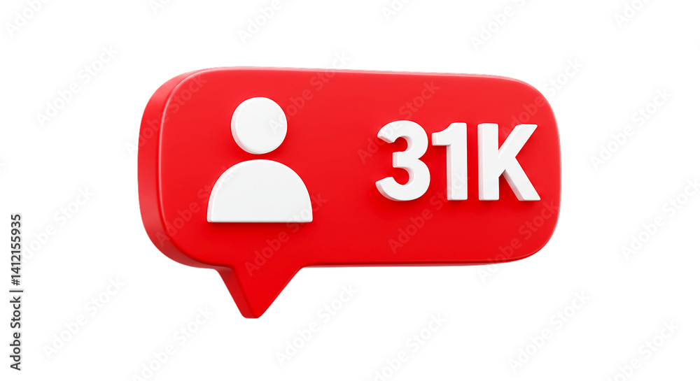Fototapeta premium A red speech bubble with a white person icon and the number thirty one k against a black background
