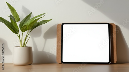 Tablet mockup with blank screen on wooden desk with plant