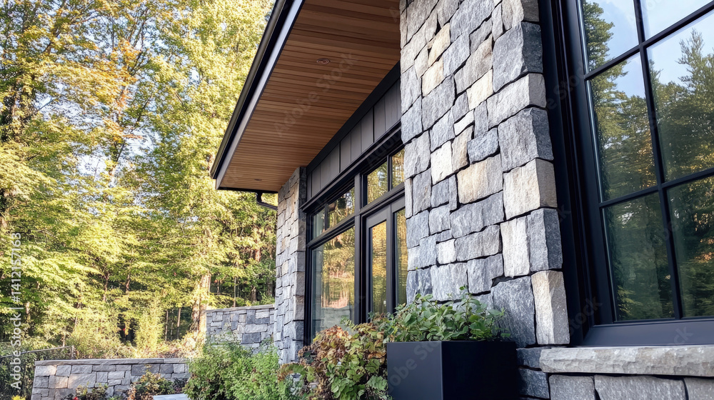 A modern house finished in grey stone, with large windows in black frames, surrounded by trees, filled with natural light in a rural location. Facade finishing material. A modern house finished in grey stone, with large windows in black frames, surrounded by trees, filled with natural light in a rural location. Facade finishing material.