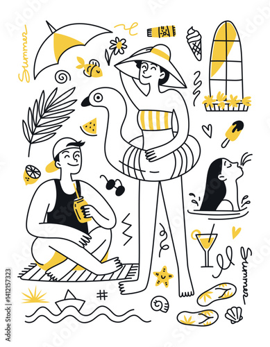 Summer vacation concept. Summer mood, vibe. People, men and women on the beach, in the sea, cocktail, swimming ring. Illustration for poster, print, banner