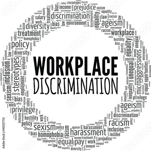 Workplace Discrimination word cloud conceptual design isolated on white background.