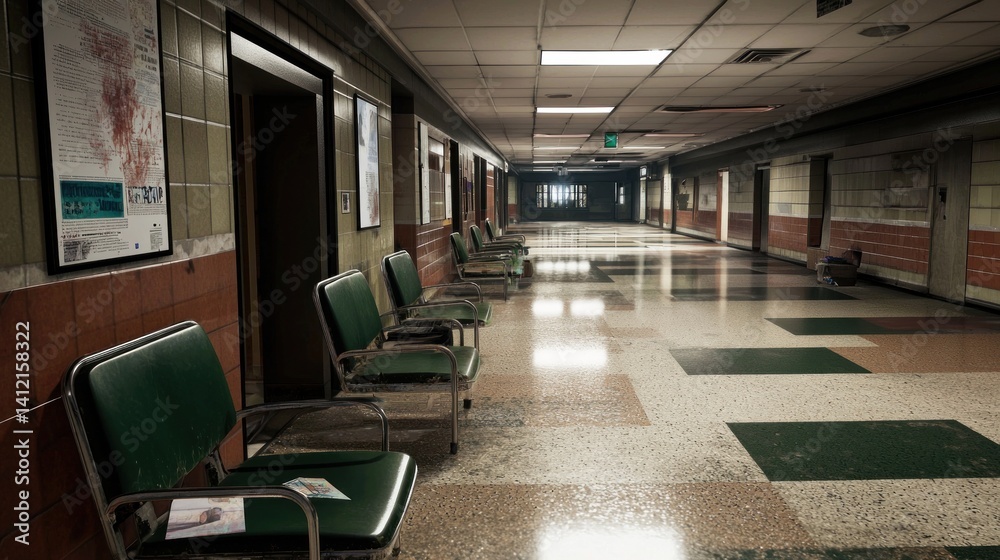 Empty Hospital Corridor, Waiting Area, Retro Style, Posters on Walls Empty Hospital Corridor, Waiting Area, Retro Style, Posters on Walls