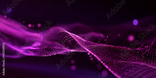 Abstract purple digital particle mesh with dynamic wave flow
