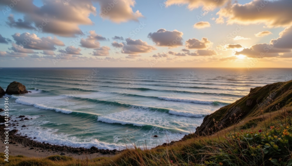 Fototapeta premium Waves crashing at sunset coastal beach landscape photography serene environment wide angle viewpoint
