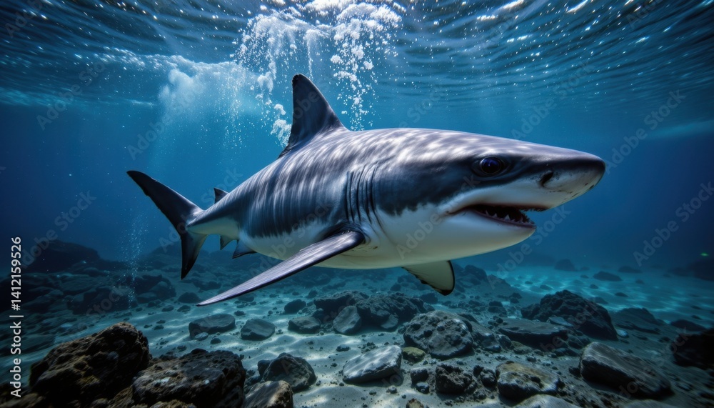 Naklejka premium Shark encounter in crystal clear waters ocean wildlife photography underwater environment close-up view marine life