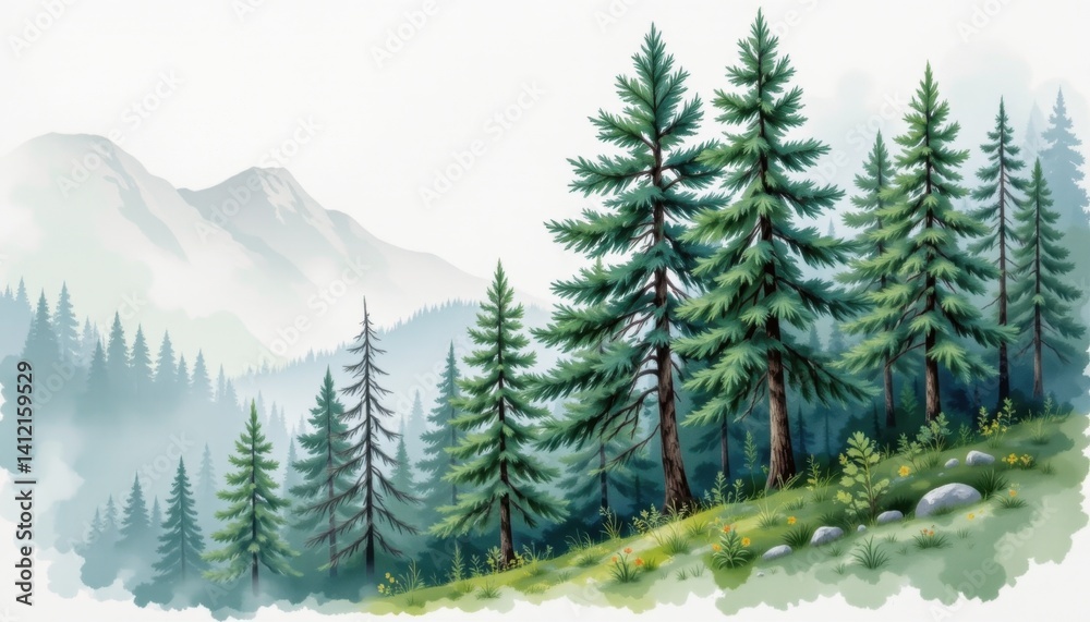 Fototapeta premium Exploring majestic pine trees serene mountain landscape digital art tranquil setting panoramic view nature concept