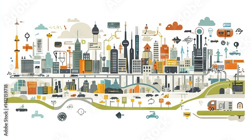 Detailed schematic representation of a modern city's infrastructure.