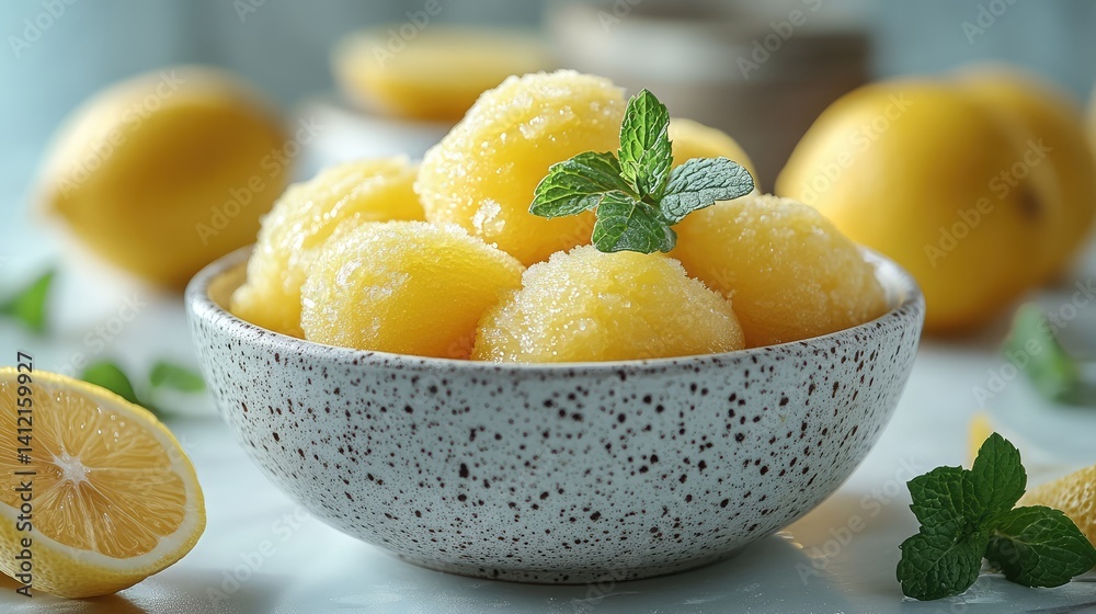 A refreshing lemon sorbet in a bowl, garnished with lemon slices and mint, placed on a pristine white background A refreshing lemon sorbet in a bowl, garnished with lemon slices and mint, placed on a pristine white background