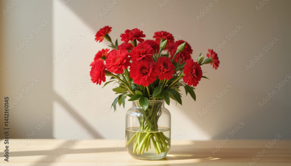 Fototapeta premium Vibrant red carnations in glass vase on wooden table, floral elegance