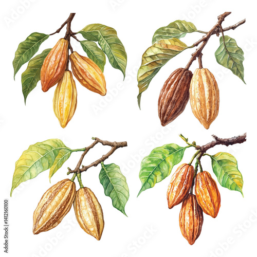 Watercolor painting of cocoa pods, cacao botanical illustration for educational and decorative use