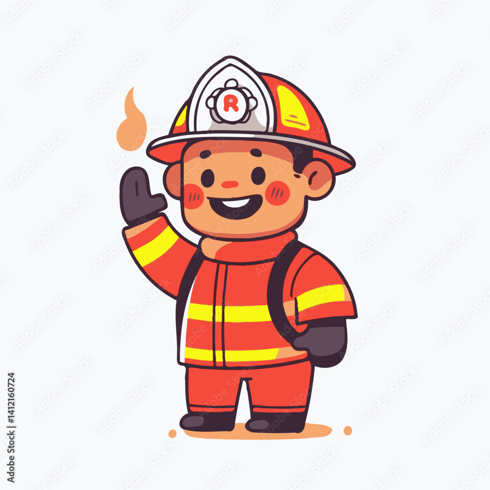 Cute cartoon firefighter in red uniform waving Cute cartoon firefighter in red uniform waving
