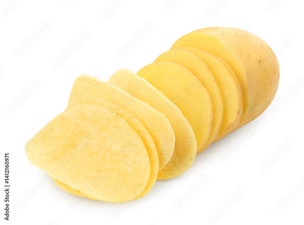 Tasty chips and sliced raw potato isolated on white Tasty chips and sliced raw potato isolated on white