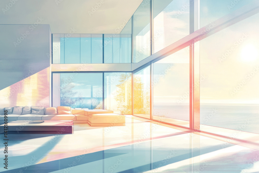 Fototapeta premium serene modern interior with large windows showcasing ocean view under soft sunlight. minimalist style living room with sleek furniture. architecture, design inspiration.