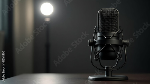 Premium Podcast Microphone Setup: Capture Clarity & Elegance in Audio - Stock Photo Concept with Ample Left Space for Text or Branding photo