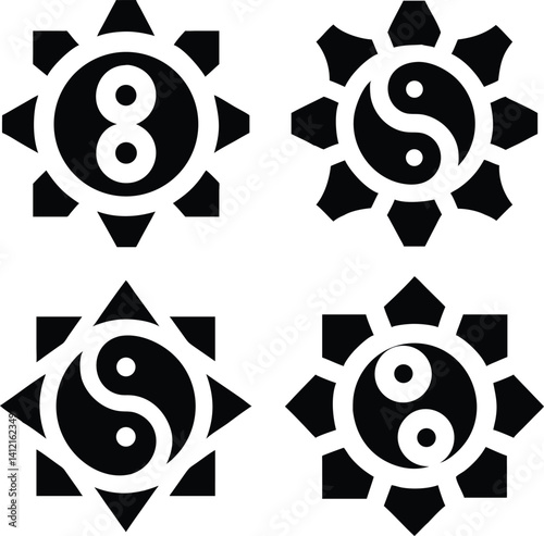 Four Yin Yang Symbols in Starburst Designs