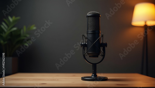 Premium Podcast Microphone Setup: Elegant Design, Clarity & Robust Audio Capture - Ideal for Creators, Podcasters, and Broadcasters - Empty Space for Text or Branding photo