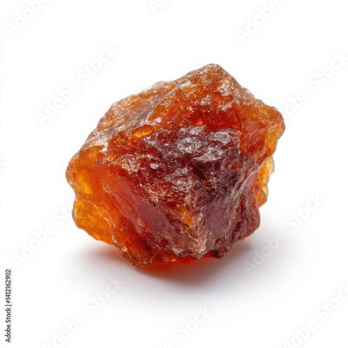A raw, natural spessartine garnet crystal This orange gemstone is isolated on a clean white background photo