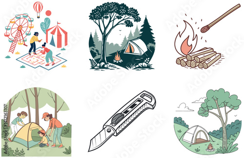 Camping Bundle. Misty Forest Pine Collection Illustrations