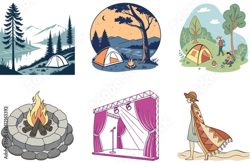 Camping Bundle. Illuminated Tent Starry Night Collection Illustrations