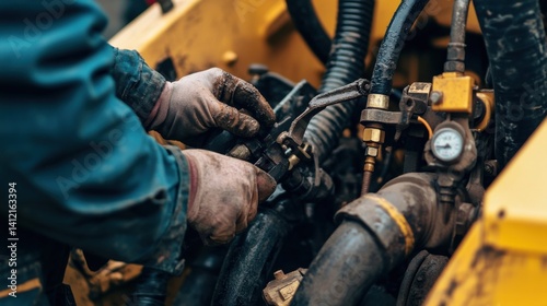 Heavy equipment mechanic inspecting hydraulic components of an excavator. Featuring expertise and diagnostics