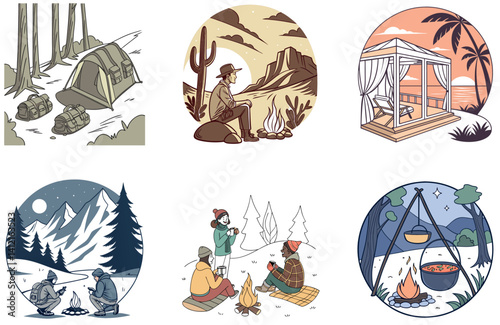 Camping Bundle. Luxury Desert Glamping Collection Illustrations