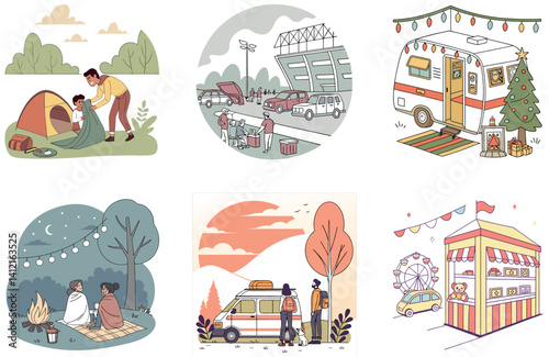 Camping Bundle. Lively Outdoor Carnival Collection Illustrations