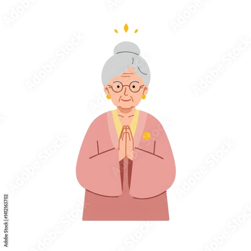 Gracious old woman with gray hair in prayer pose. Grandma with eyeglasses in retro style for greeting card, celebrating grandma's day or grandparent's day