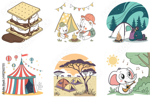 Camping Bundle. Smiling Young Man Camping Collection Illustrations