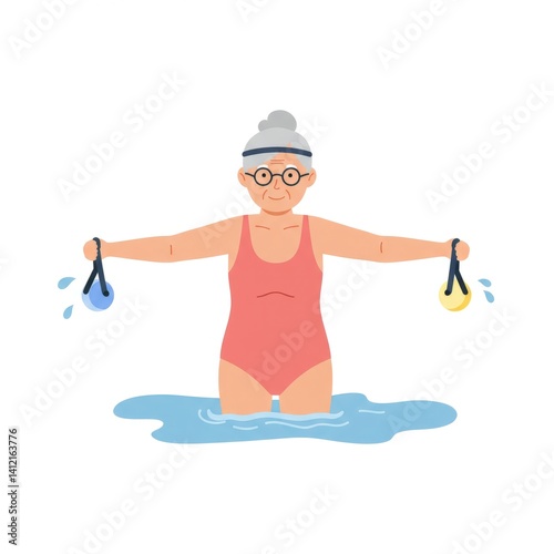 Senior woman on yellow inflatable ring in pool for swimming lesson, enjoying retirement travel, spending summer vacation, fitness lifestyle activity, holiday concept