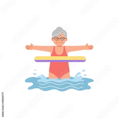 Senior woman on yellow inflatable ring in pool for swimming lesson, enjoying retirement travel, spending summer vacation, fitness lifestyle activity, holiday concept