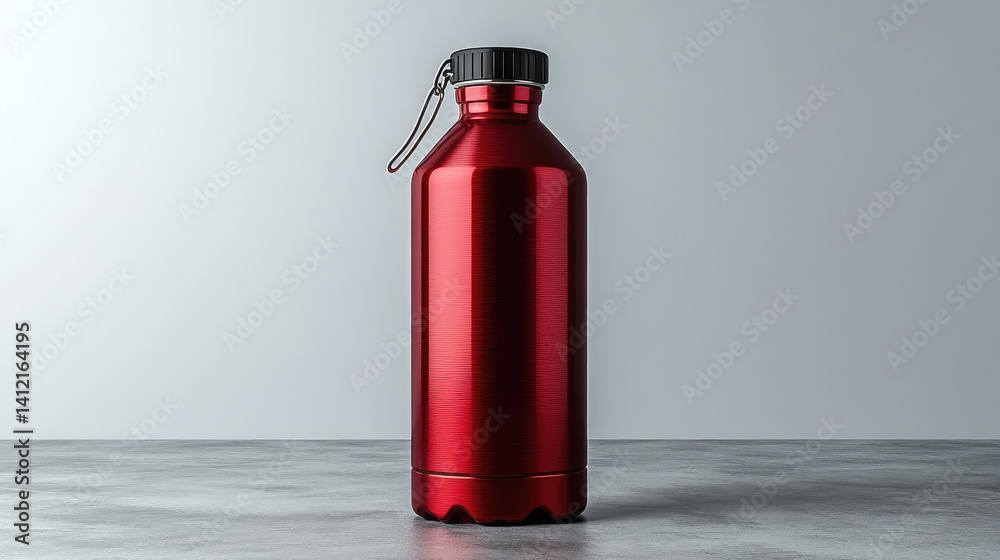 Obraz premium A reusable aluminum water bottle with a bold red finish and a carabiner clip, shown in a front view on a clear background