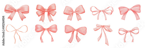 Coquette pink bow textured drawings set, isolated watercolor illustration, cute red lace ribbon
