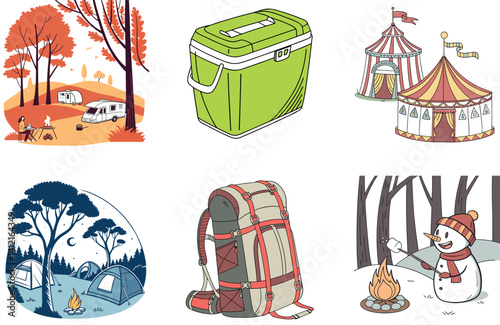 Camping Bundle. Sunset Mountains Climber Collection Illustrations