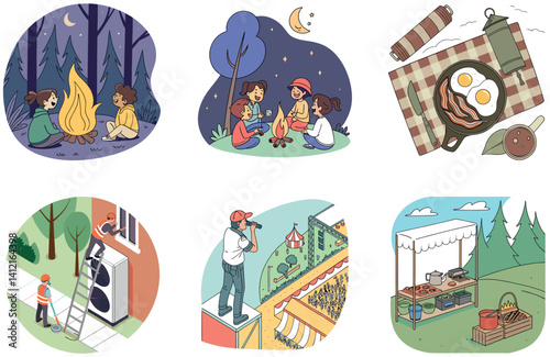 Camping Bundle. Aluminum Water Bottle Hydration Collection Illustrations
