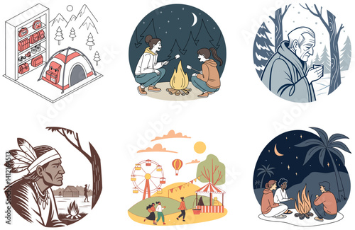 Camping Bundle. Native American Teepee View Collection Illustrations