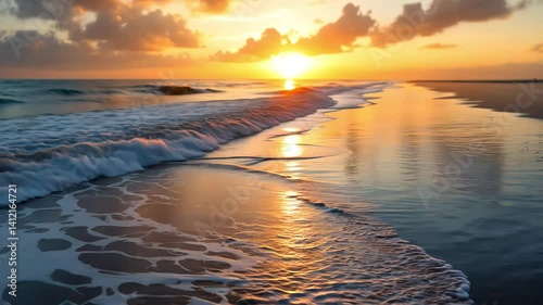 Dramatic beach sunset with golden reflections on wet sand and gentle waves. Vibrant sky colors create serene atmosphere. Concept: Travel agencies, Resort hotels, Wedding venues