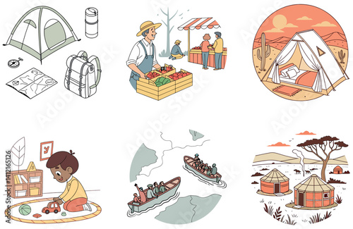 Camping Bundle. Vintage Circus Tent Collection Illustrations