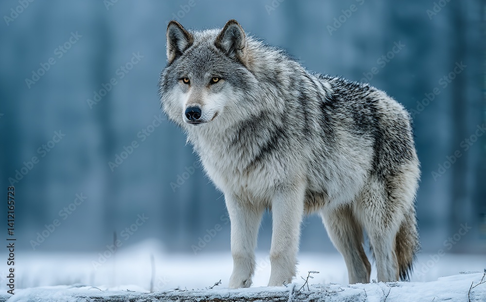 Fototapeta premium Majestic Grey and White Wolf Standing in Snow – Full Body Wildlife Photography in Winter Wilderness
